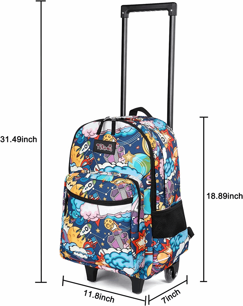 Tilami 18 inch Cartoon Black Rolling Backpack for Kids