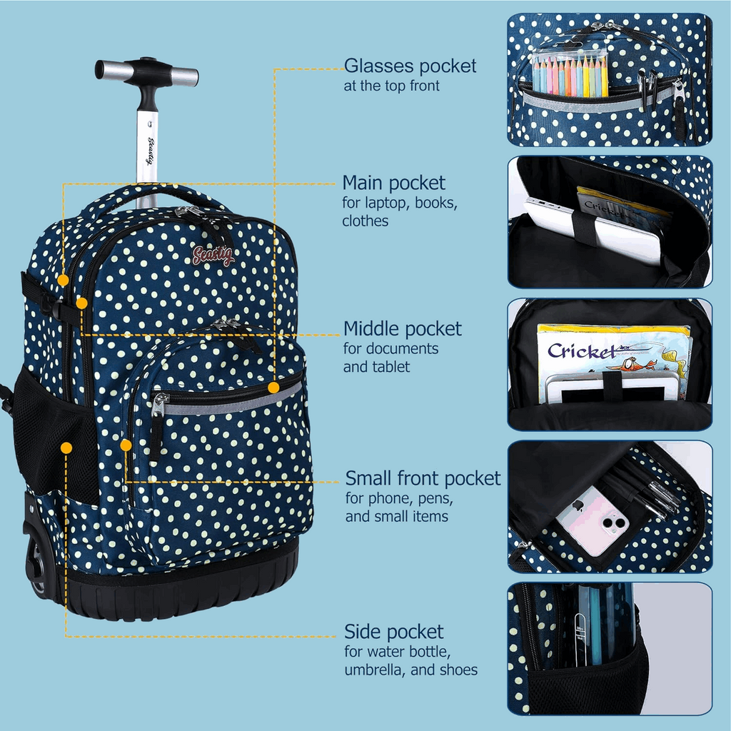 seastig 18 inch Dots Rolling Backpack for Kids
