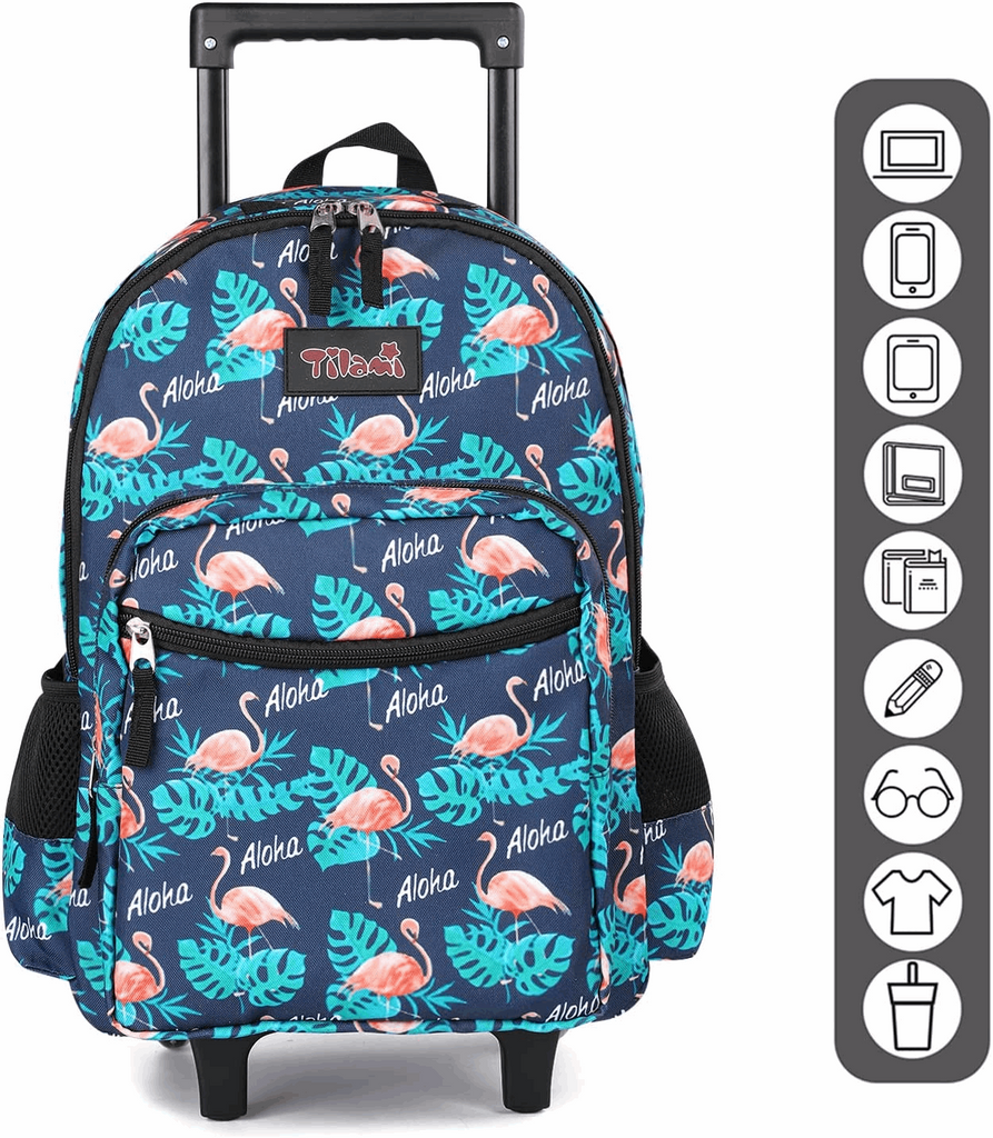 Tilami 18 inch Flamingo Black Rolling Backpack for Kids