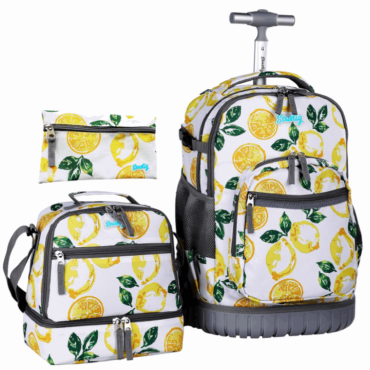 Seastig Lemon 18 inch Single Handle Rolling Backpack for Kids with Lunch Bag and Pencil Case Set
