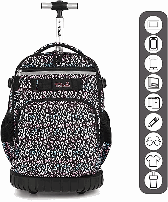 Tilami 18 inch Colorful Leopard Rolling Backpack For Kids Wheeled Backpack