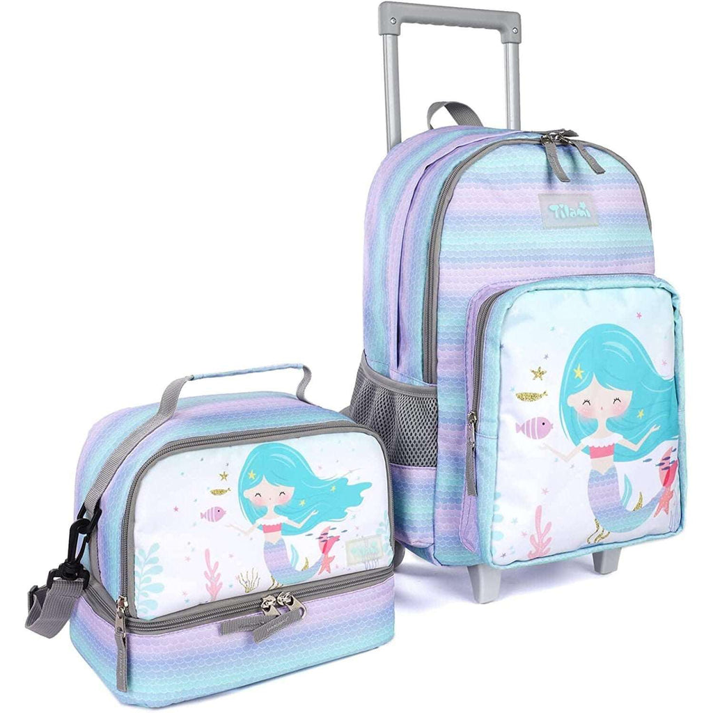 Tilami Mermaid Purple 18-Inch Kids Rolling Backpack Matching Lunch Box