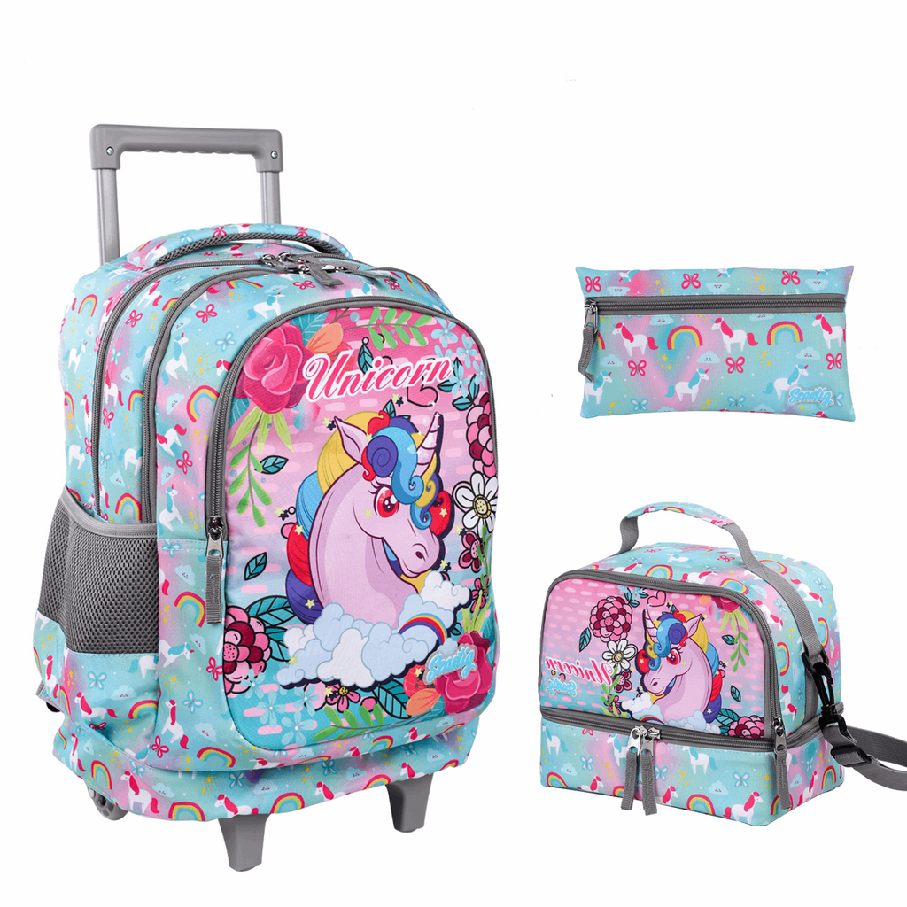 Seastig Unicorn 18 inch Double Handle Rolling Backpack for Kids with Lunch Bag and Pencil Case Set