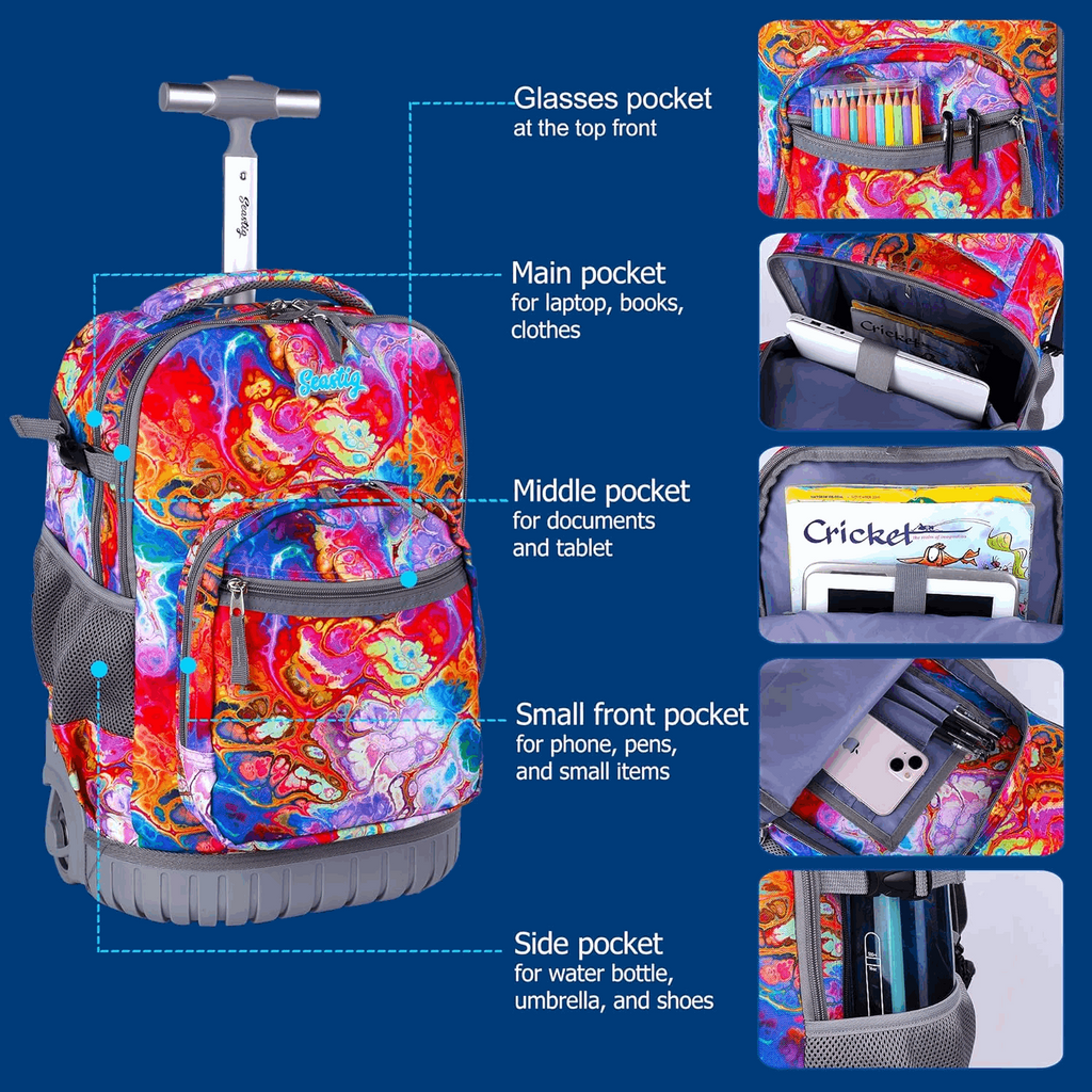 Seastig Painted Pattern 18 inch Single Handle Rolling Backpack for Kids with Lunch Bag and Pencil Case Set