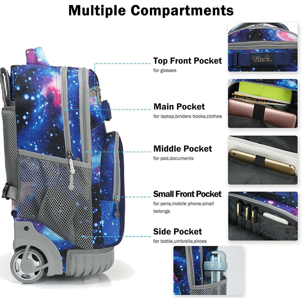 Tilami Deep Blue Galaxy Unicorn 19 inch Rolling Backpack with Pencil Case For Kids