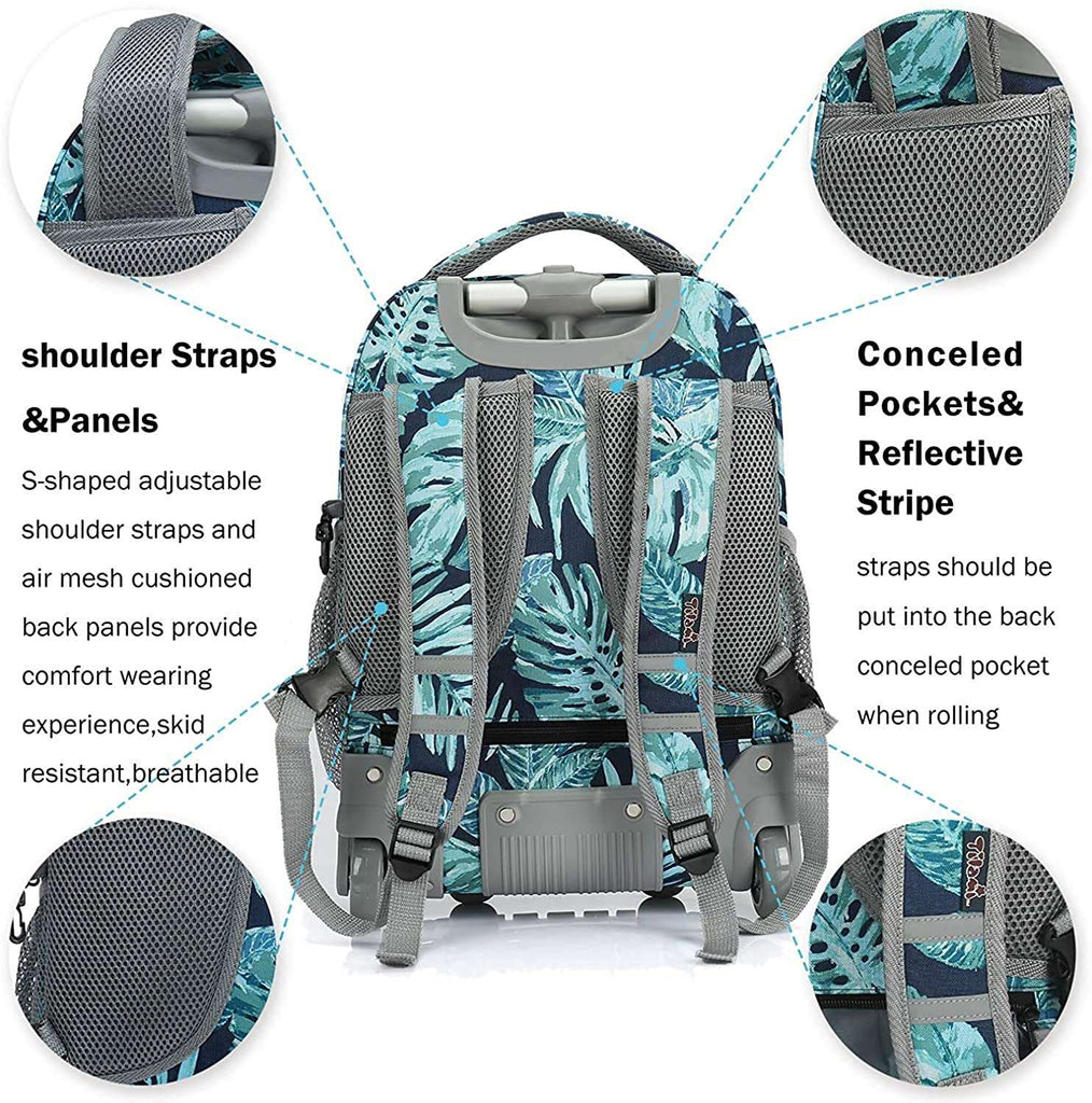 Tilami Green Leaf 18 inch Rolling Backpack with Matching Lunch Bag
