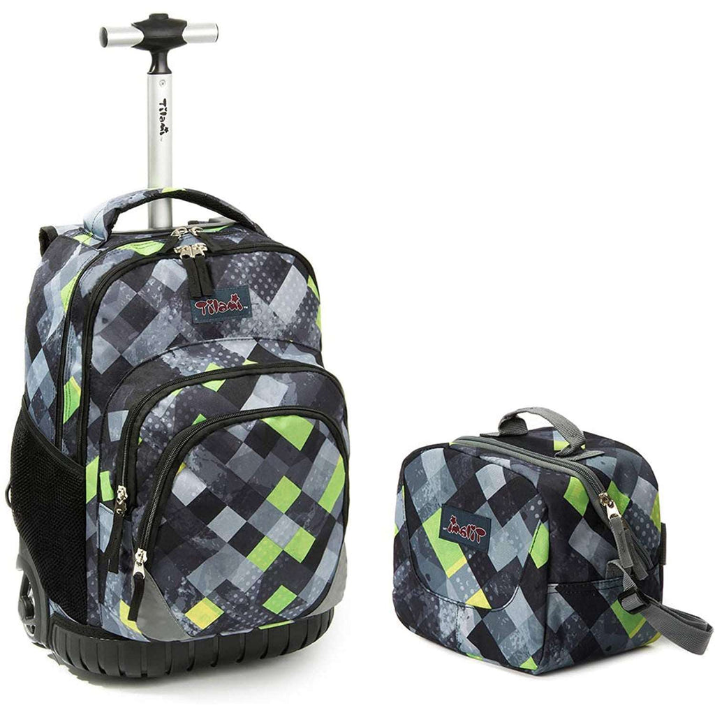Tilami Green & Grey Triangle 18 Inch Rolling Backpack with Lunch Bag
