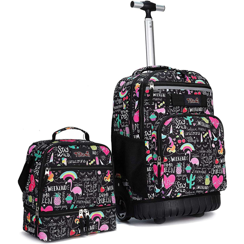 Tilami Ins Graffiti 18-Inch Kids Rolling Backpack W Matching Lunch Box