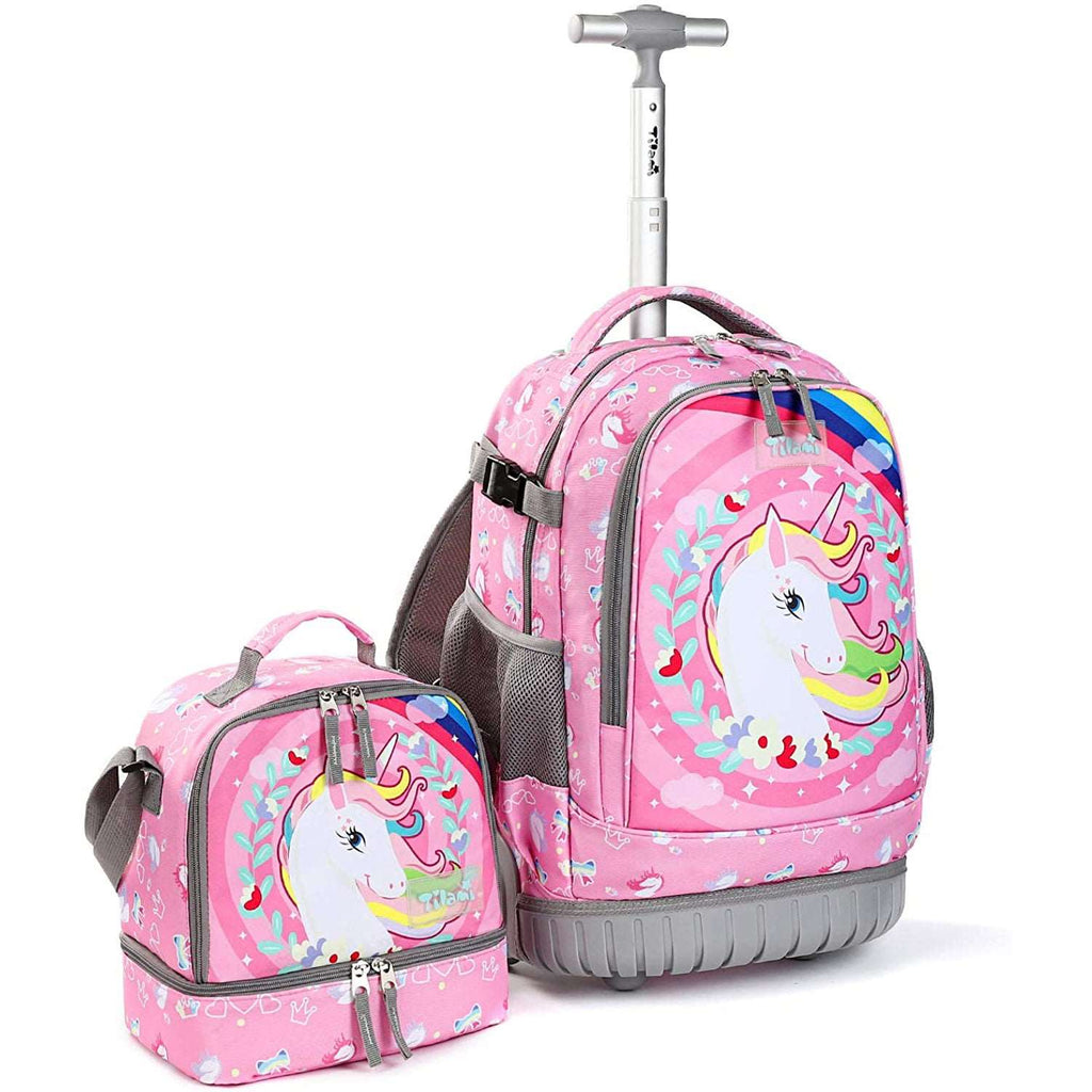 Tilami Pink Unicorn 18-Inch Kids Rolling Backpack W Matching Lunch Box