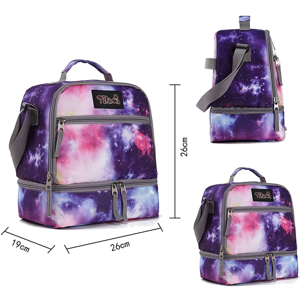 Tilami Purple Galaxy 18-Inch Kids Rolling Backpack W Matching Lunch Bag