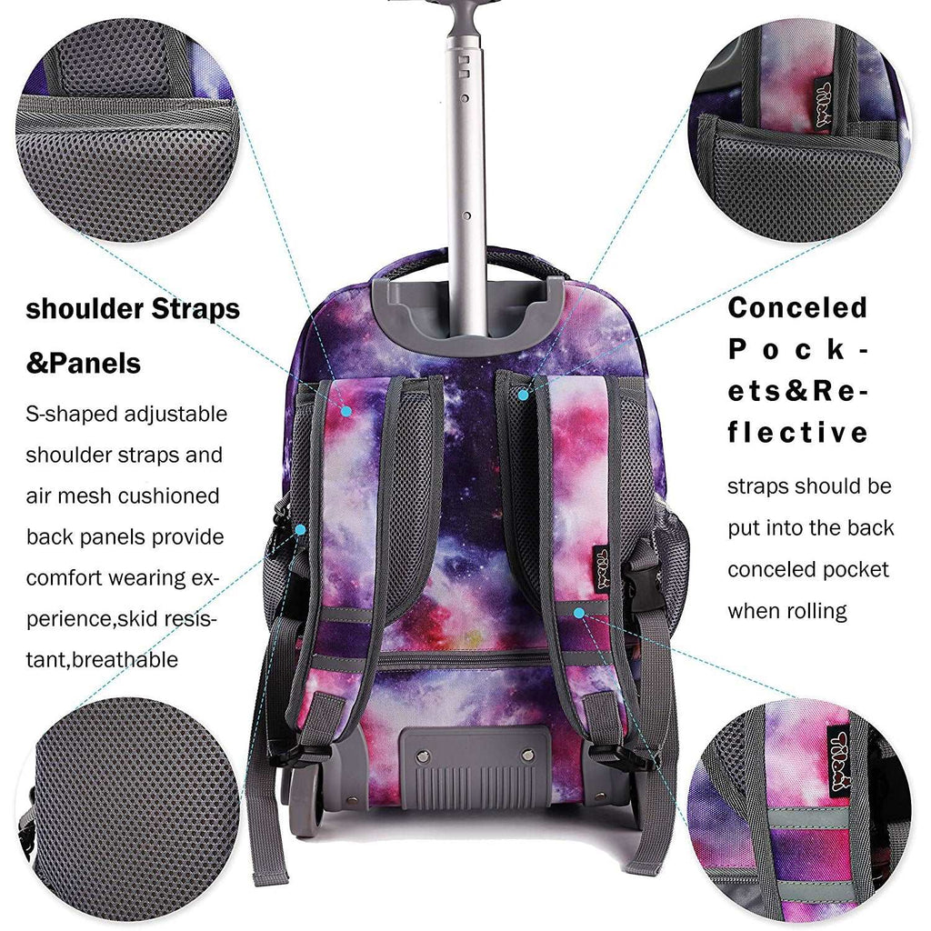 Tilami Purple Galaxy 18-Inch Kids Rolling Backpack W Matching Lunch Bag