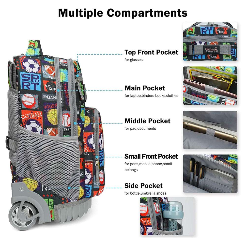 Tilami Sport Balls Rolling Backpack 18 inch Wheeled Backpack For Kids