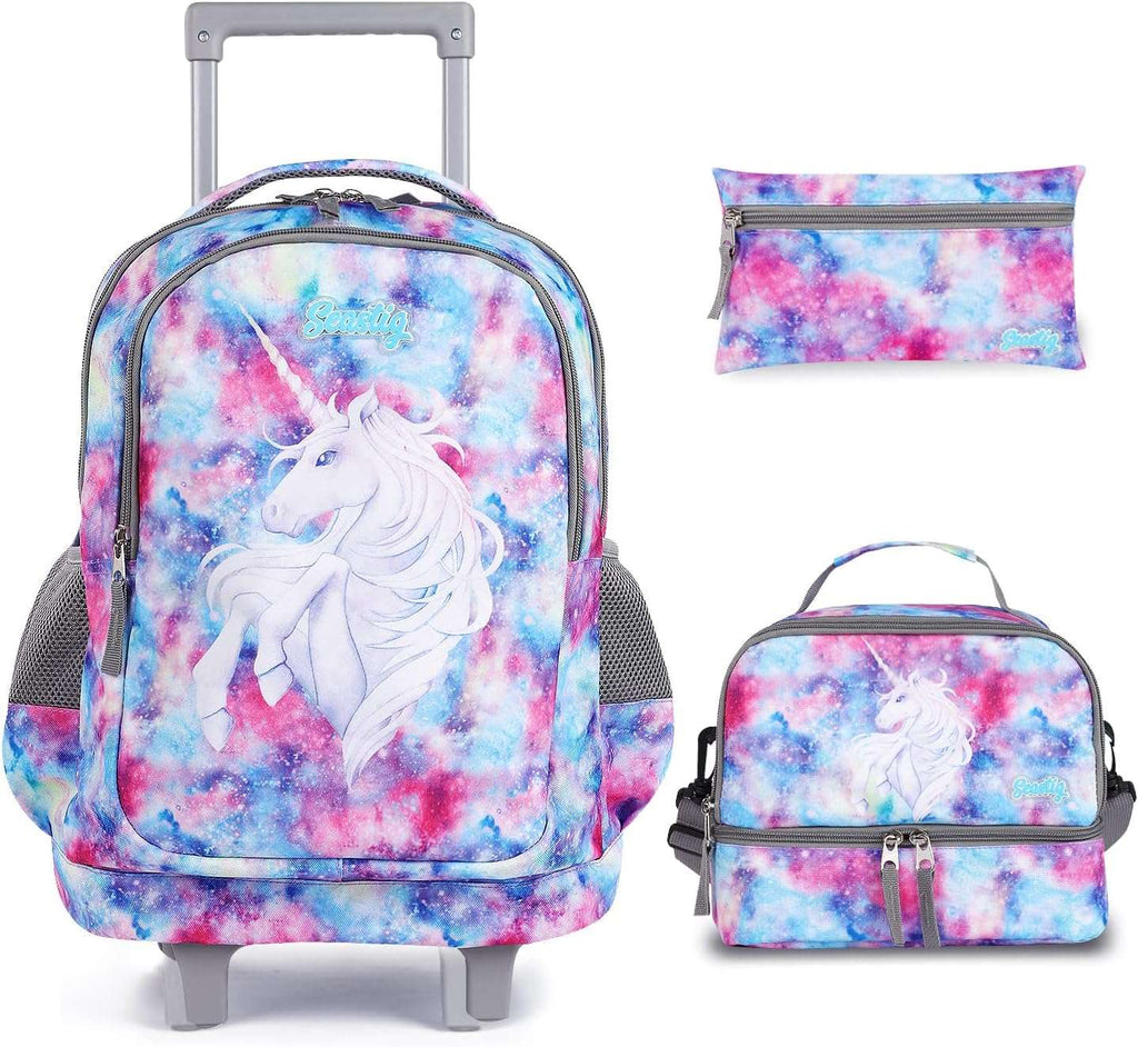 seastig Unicorn Rolling Backpack 18in Double Handle Kids Wheeled Backpack with Lunch Bag Set