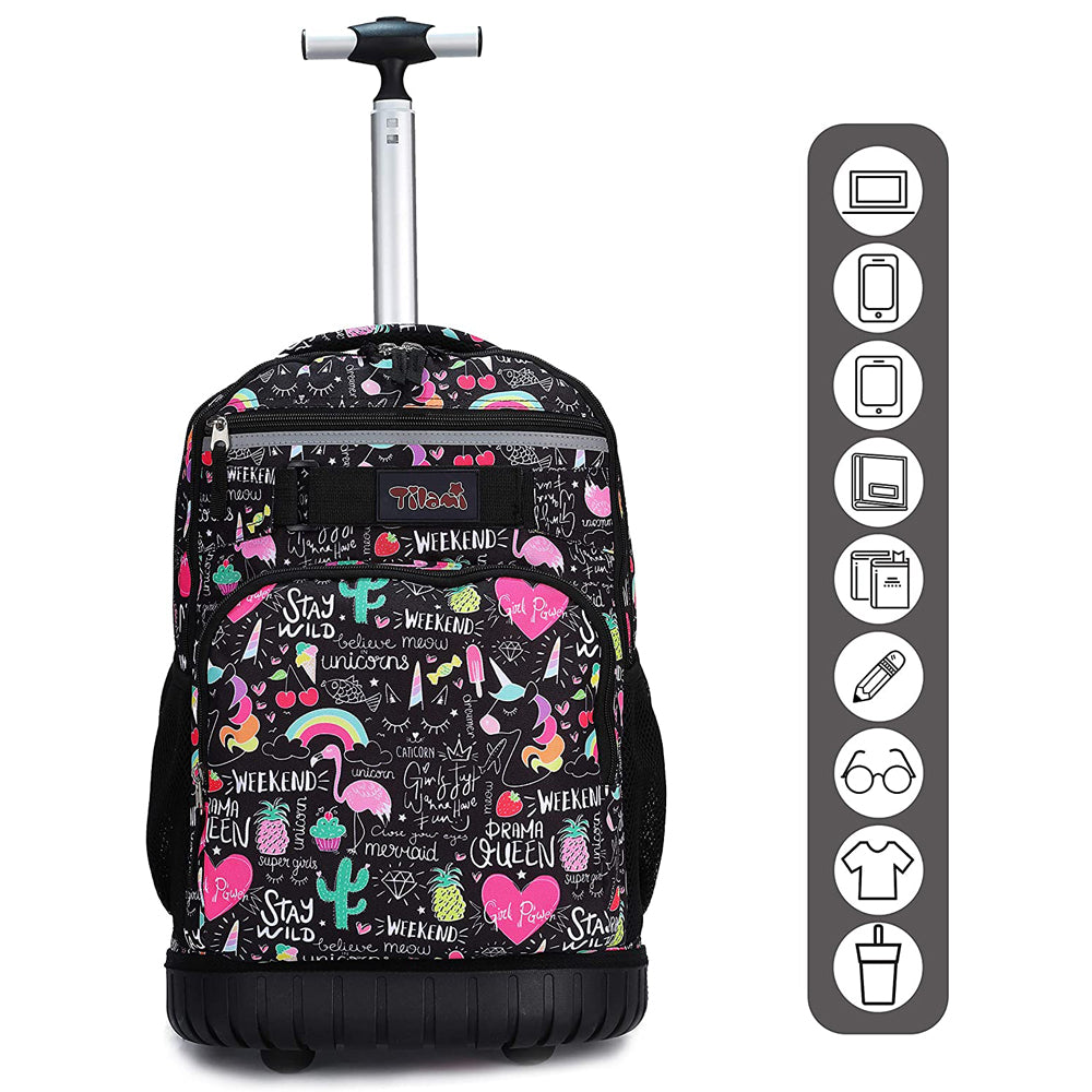 Tilami Ins Graffiti Rolling Backpack 19 inch Kids Wheeled Backpack